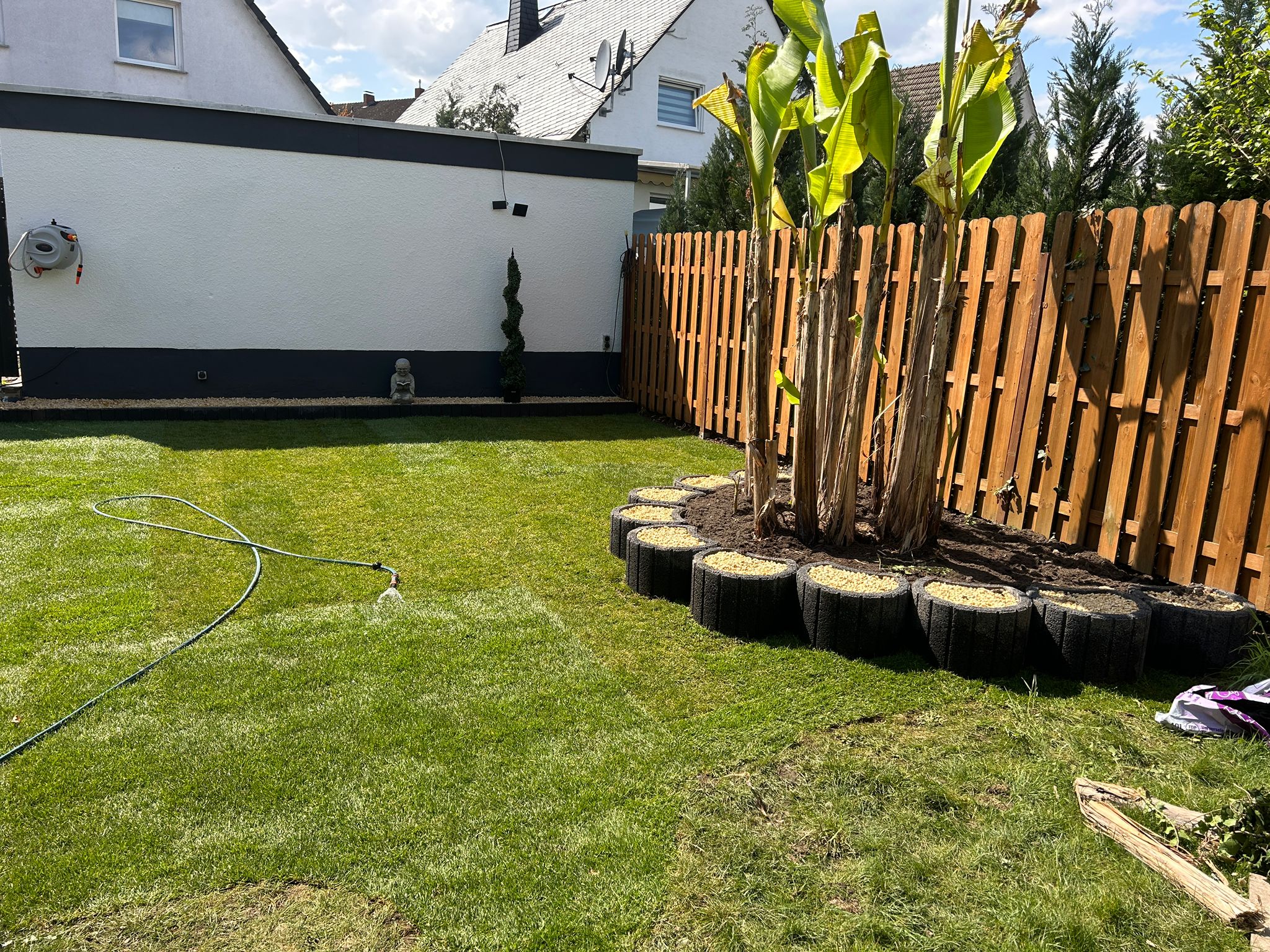 Gepflegter Garten mit Bananenstauden